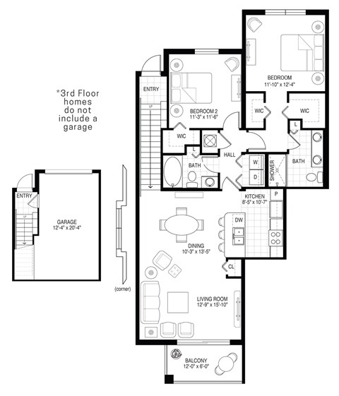 A floor plan of a 3rd floor home without a garage.